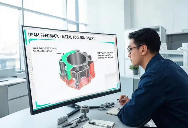 Engineer reviewing DfAM feedback on metal tooling geometry