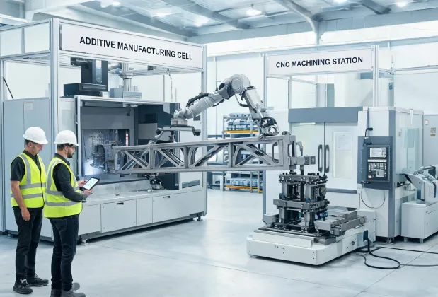 Hybrid additive and machining cell for bridge production