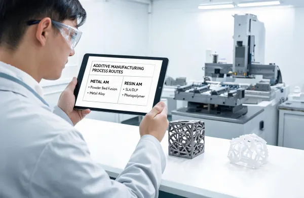 Engineer comparing additive manufacturing process routes
